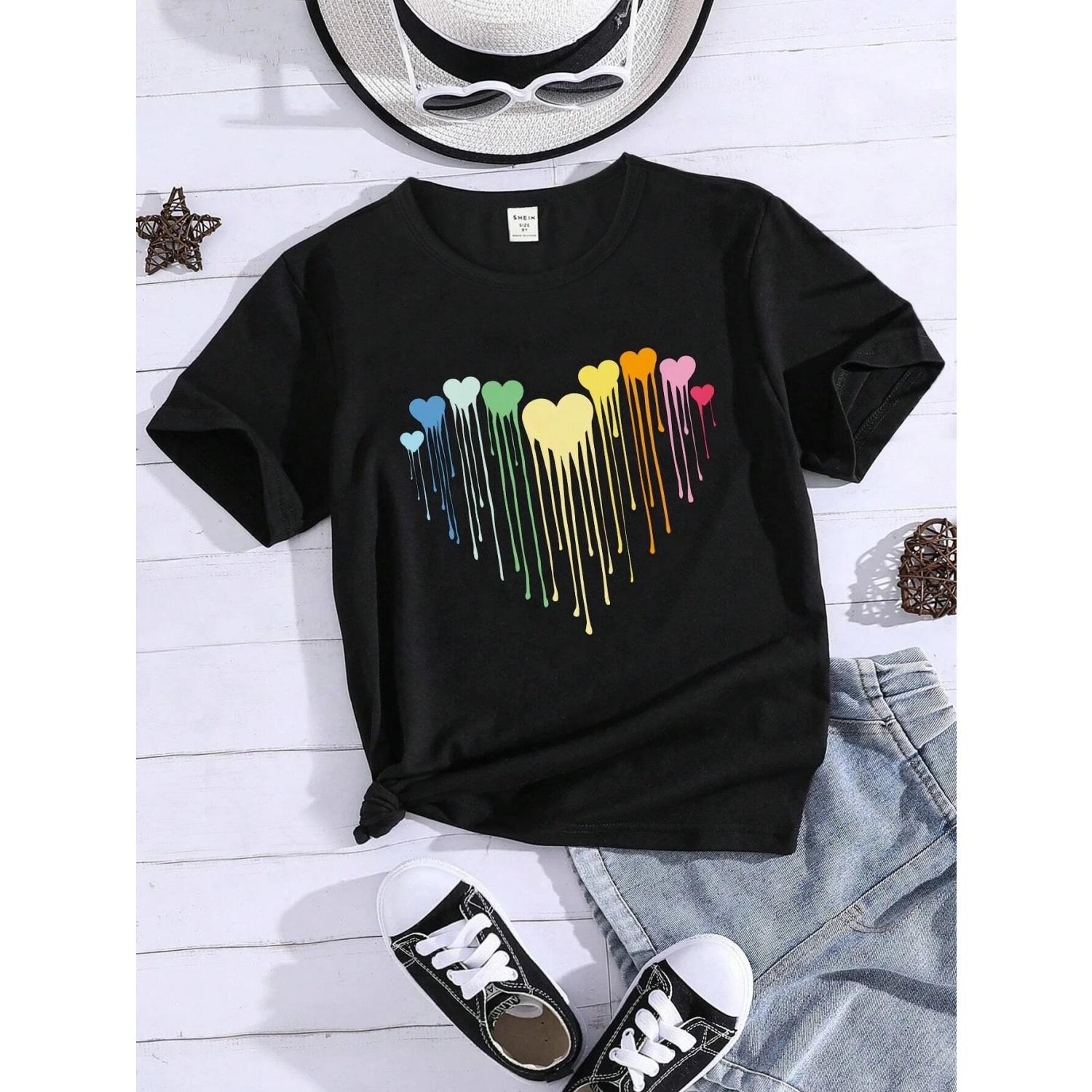 Colorful love cartoon print round neck T-shirt Summer boys and girls short-sleeved tops Simple and versatile style T-shirt S чёрный