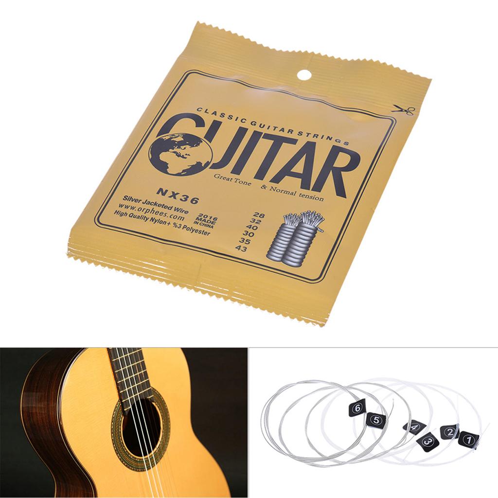 Orphee NX36 Nylon Classical Guitar Strings 6pcs Full Set Replacement (.028 .043) Nylon Core Silver Jacketed Wire Normal