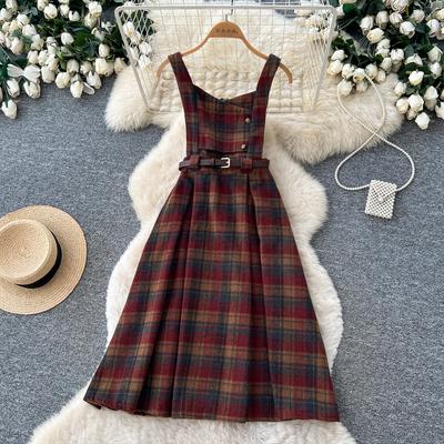 Autumn Winter Eleagnt Sleeveless Square Collar Single-breasted Woolen Dress for Women Vintage Plaid Tweed Knee-length Dress with Belt