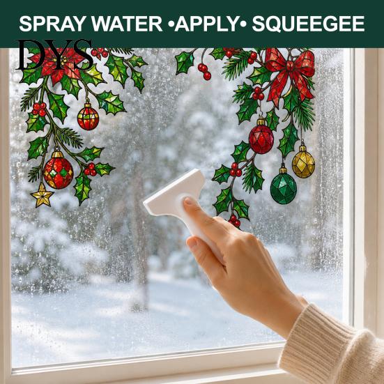 Electrostatic Window Film 2Pcs Christmas Static Clings, Corner Wreath No?Glue Glass Decals with Holly Reusable Sticker Xmas Balls Bow Poinsettia,