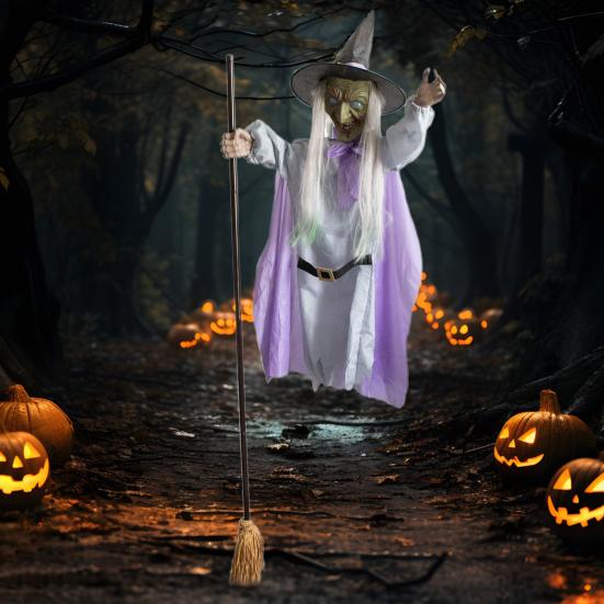 6 FT Halloweenská létající čarodějnice dekorace Hlasem aktivovaná animatronická čarodějnice na koštěti se svítícíma očima pro zahradu dvůr trávník venkovní vnitřní dekorace
