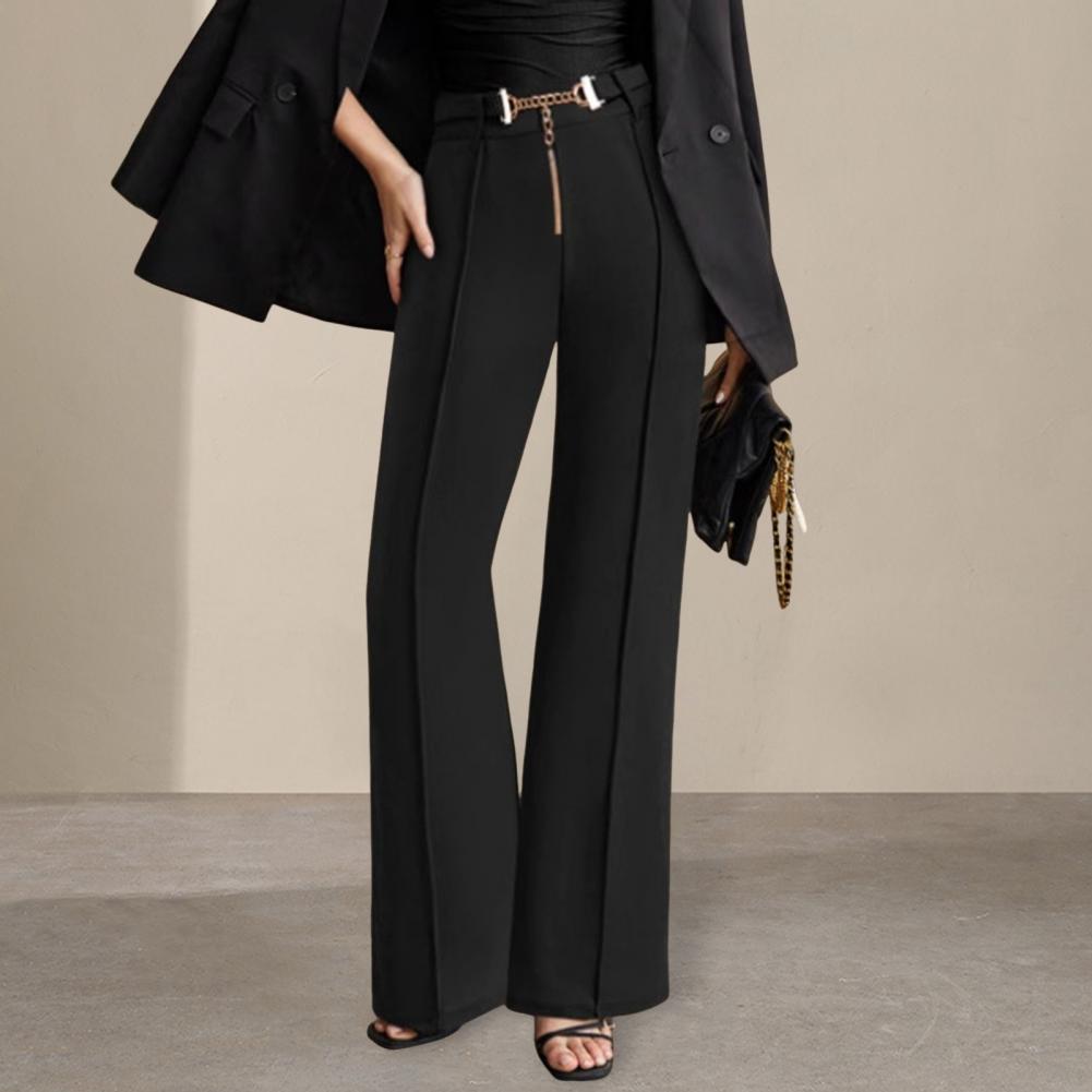 Women Suit Pants High Waist Straight Wide Leg Zipper Fly Trousers with Belt Decoration Solid Color Slacks