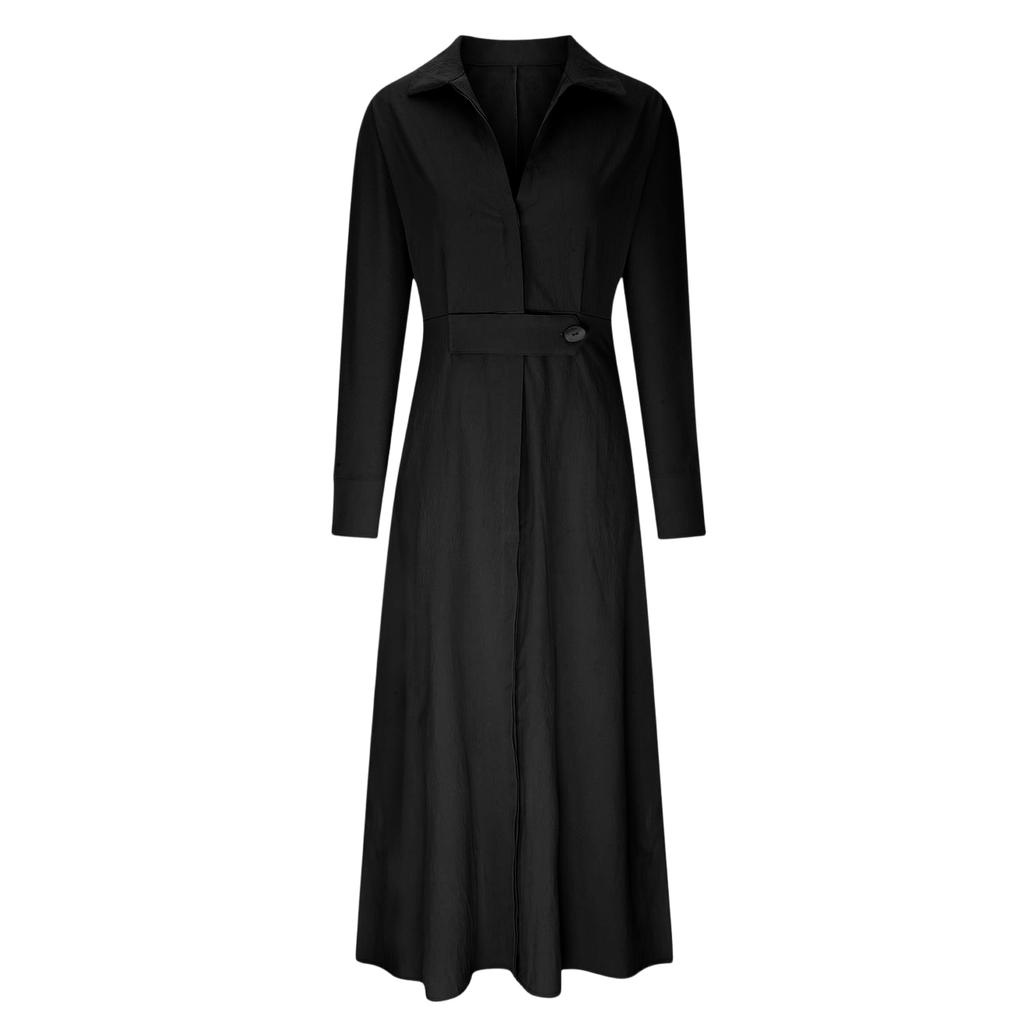 Women's Fashionable Color Lapel Long Sleeved Hem Slit Casual Shirt Dress