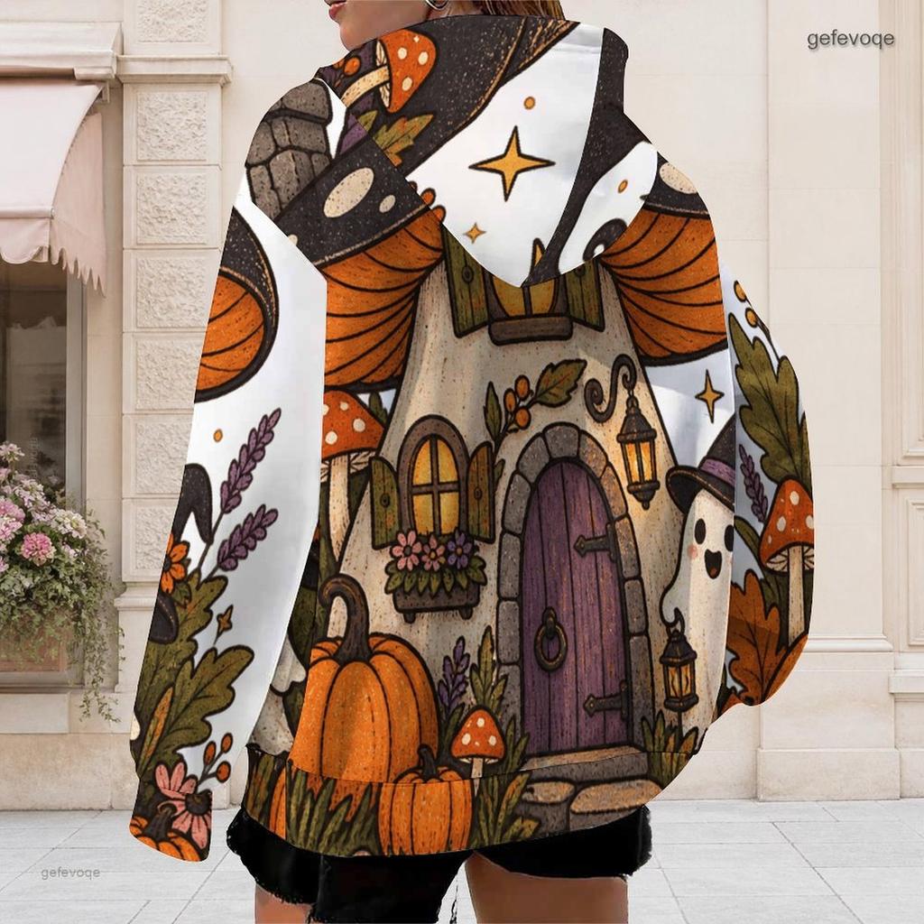 Women Plus Size Zip Up Long Sleeve Hoodie Drawstring Hood Pockets Halloween Cartoon Print Sweatshirt
