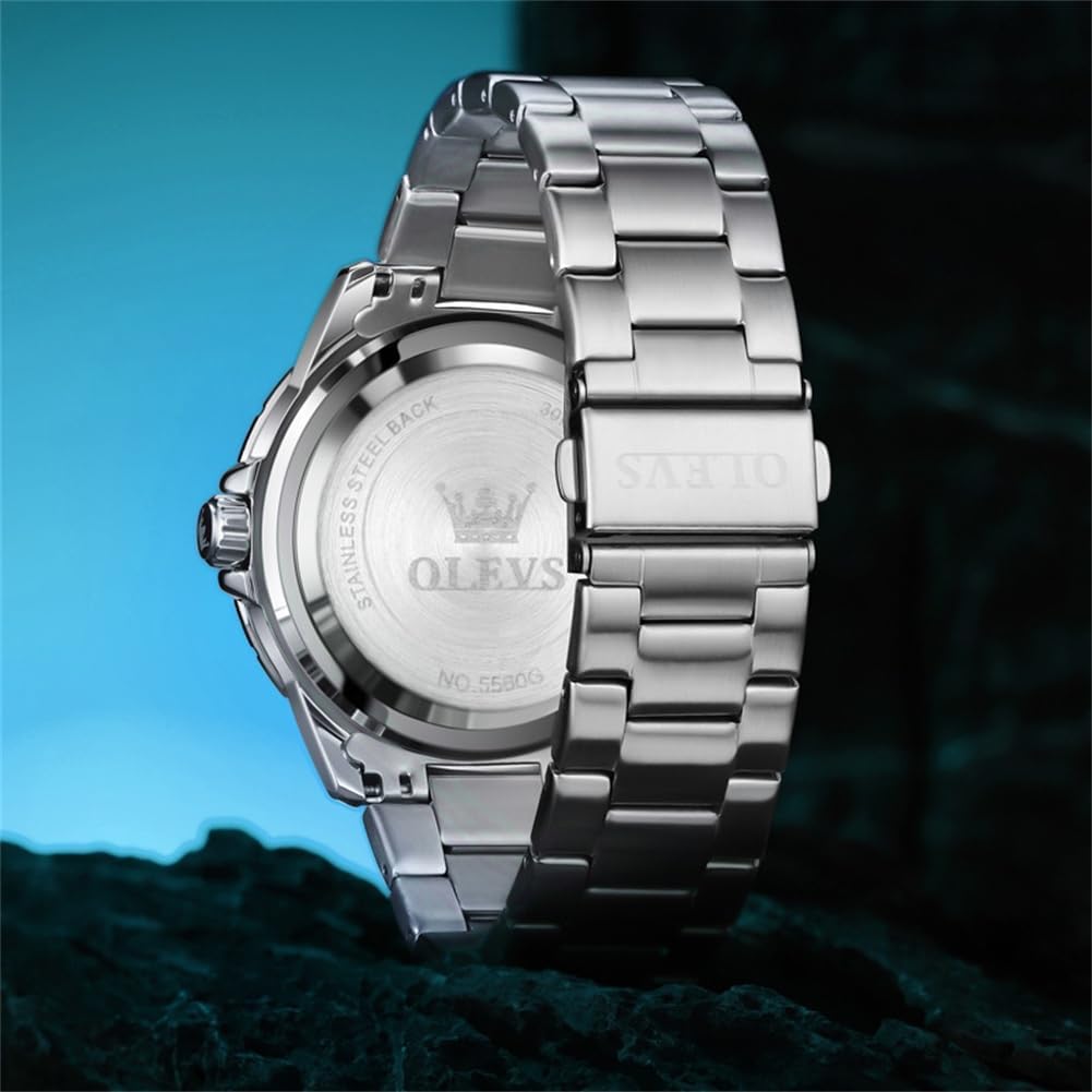 OLEVS Men's Quartz Watch - Multi-Function, Stainless Steel, Water-Resistant, Luminous, Date Display, Analog (Blue)