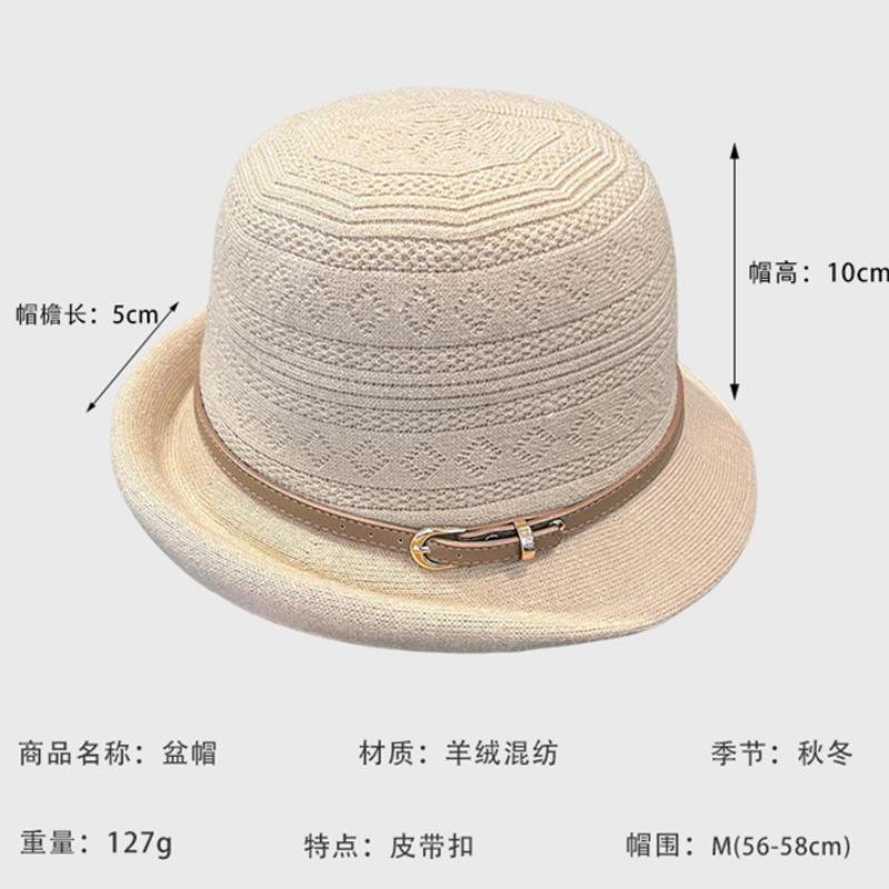 Autumn and winter new knitted basin hat women's elegant top hat upturned along the big head circumference showing the face small belt decorative bucke