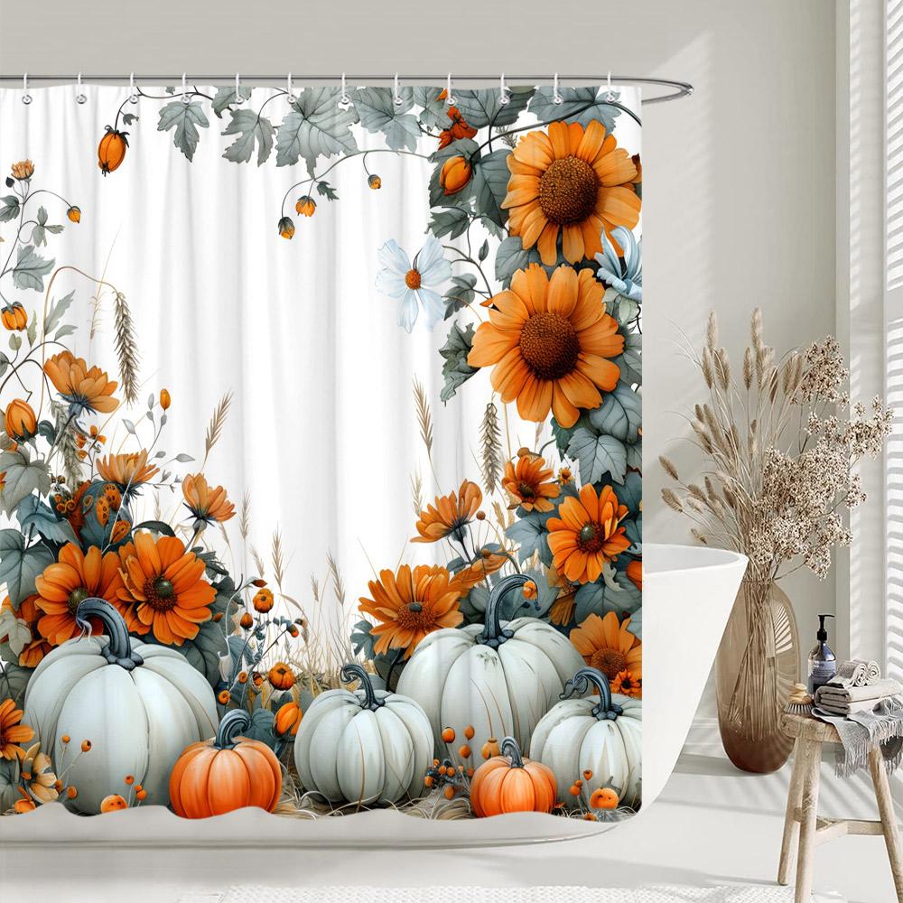 Rustic Farms Pumpkin Shower Curtain Thanksgiving Autumn Sunflower Polyester Fabric Shower Curtain Bathroom Decorative with Hooks
