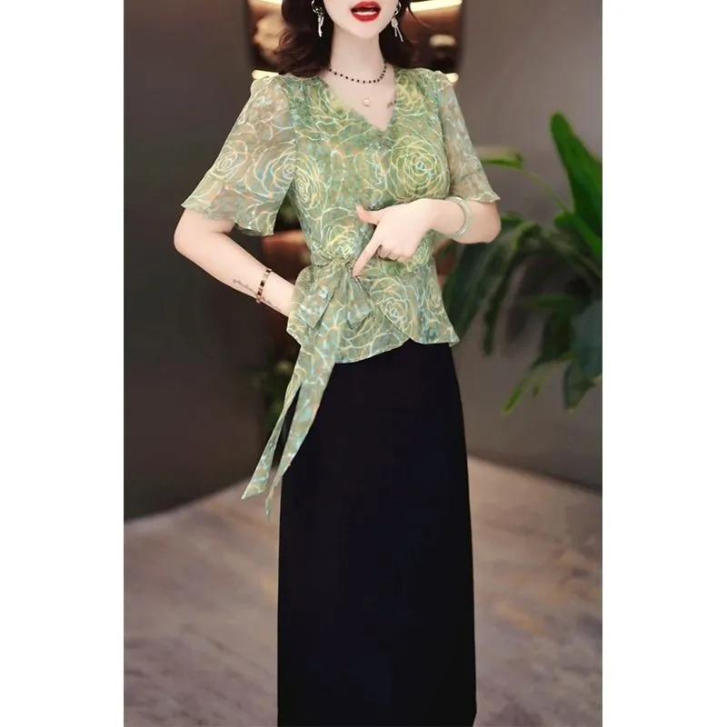 Summer New Chiffon T-shirt for Women, Fashionable Temperament, Versatile and Age-reducing Loose Top for Women