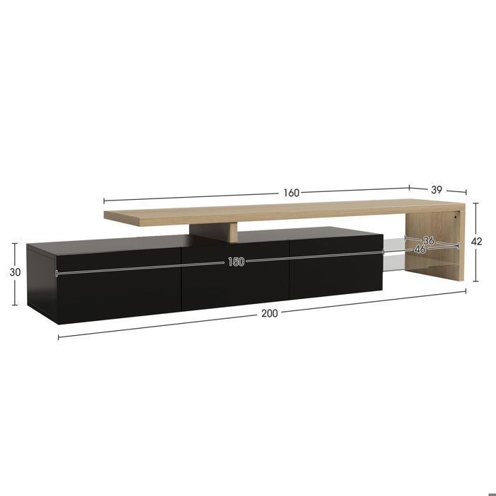 Meuble TV avec LED, 200x39x42 cm, Design Moderne en Bois, 2 Portes, Rangement Ouvert, Idéal pour Salon, Noir et Bois