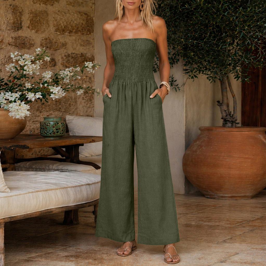 Damen Casual Trägerloser Jumpsuit Gerüschtes Schlauchoberteil Weite Hosen Ärmelloser Sommer-Romper mit Taschen