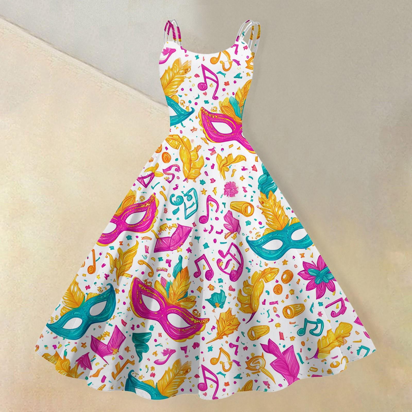 Women s Casual Fashion Carnival Printed Round Neck Retro Dress L бежевый