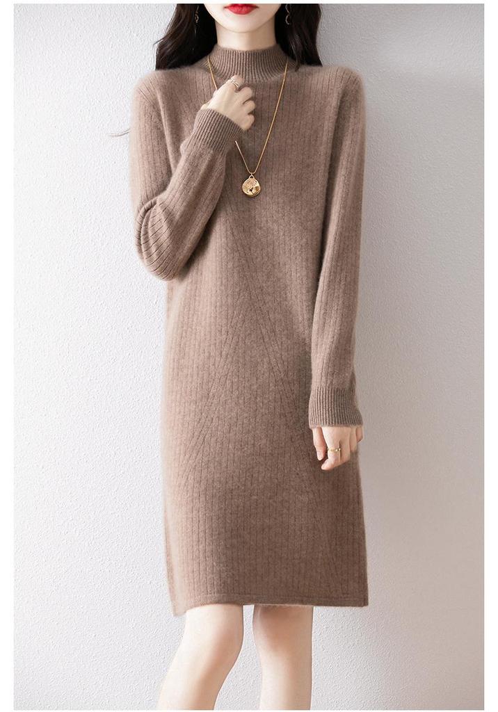 2024 Autumn/Winter Women's Slim Fit Wool Midi Dress with Wide Stripes and Half-High Collar