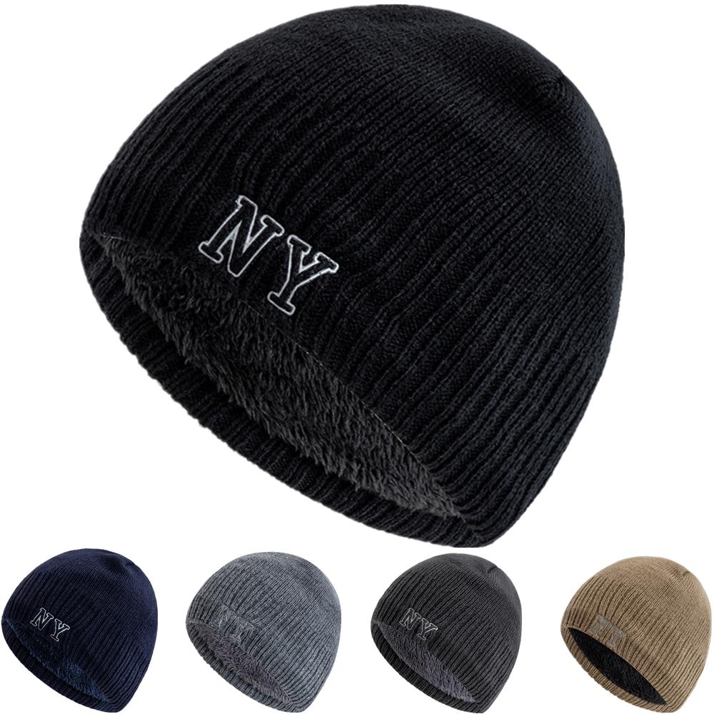 New Style Unisex Autumn/Winter Hats Plush Fur Lined Men Women Warm Beanie Cap Casual NY Printing Winter Ski Knitted Hats