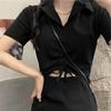 Summer new polo collar black dress women's design sense drawstring waist thin temperament short-sleeved skirt