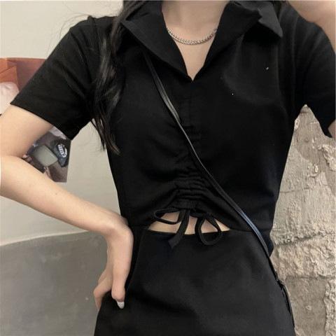 Summer new polo collar black dress women's design sense drawstring waist thin temperament short-sleeved skirt