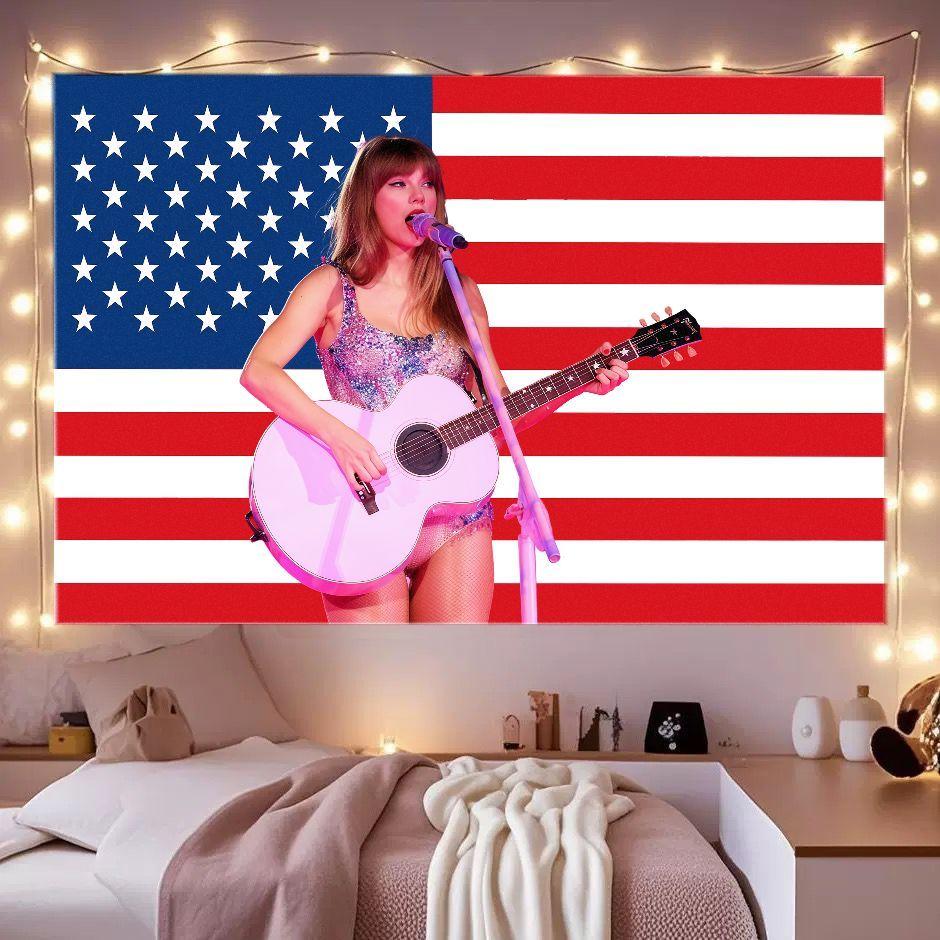 Classic Red White US Flag Taylor Swift Guitar Sing Tapestry Country Pop Fan Decor Bedroom Dorm Concert Wall Cloth