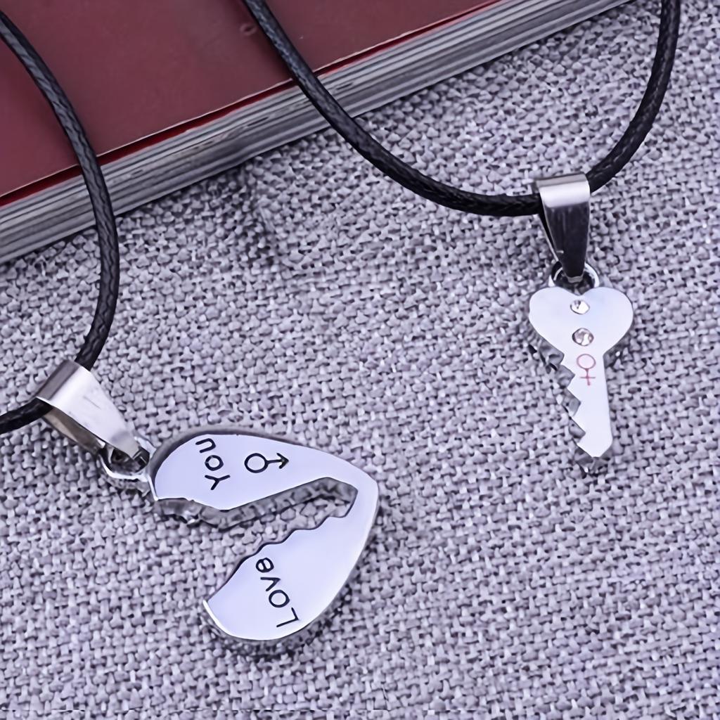 A Set of Two Minimalist Creative Heart-Shaped Key Pendants 'Love You' Couple Necklaces, Symbolizing Friendship, Commitment, And Love, Perfect As Fashi