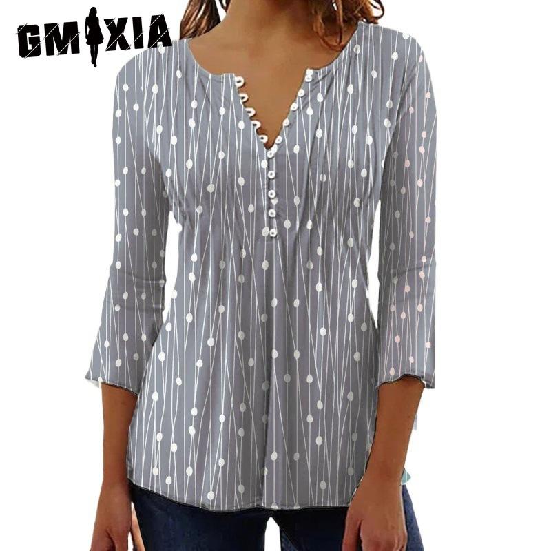 

GMXIA женские модные повседневные летние однотонные блузки и рубашки с v-образным вырезом и длинными рукавами с принтом XL серый