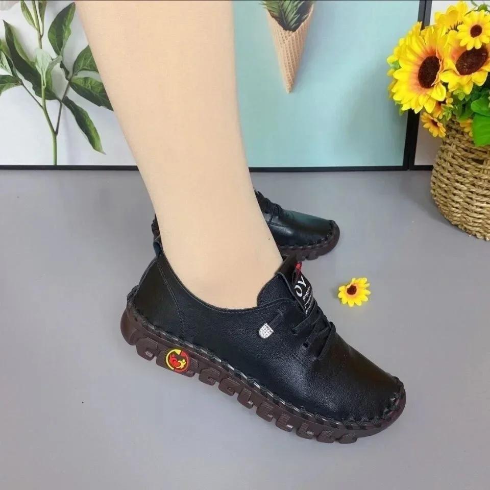

Fashion Ladies Shoes 2024 Spring Vintage Breathable Shoes Platform Loafers Lace Up Leather Hollow Slip-On New Fashion Casual Mom Shoe 43 чёрный
