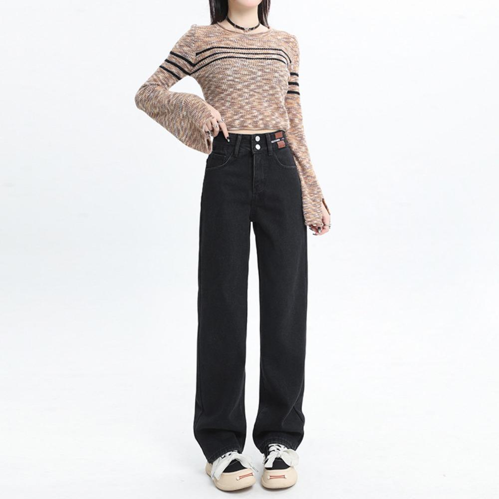 

Personalized high waist wide legs double buckle jeans women s drape loose autumn and winter new thin floor mopping jeans 2XL чёрный