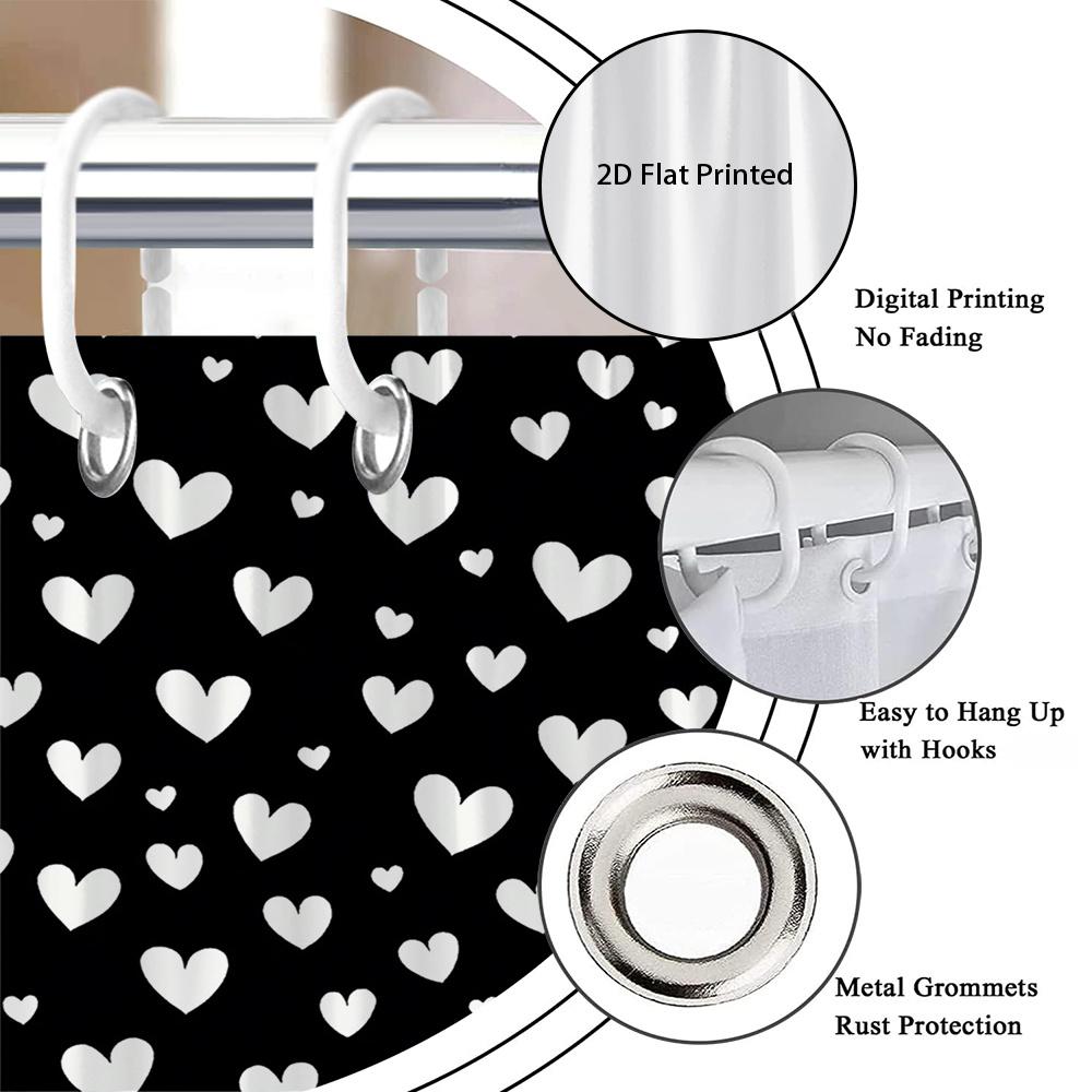 1Pc Black And White Heart-Patterned Shower Curtain, Polyester Fabric, Machine Washable, Suitable For Bathroom Decoration.