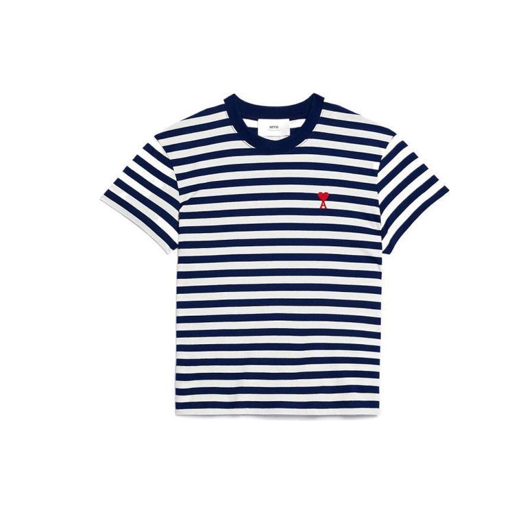 Amiparis SS23 Heart Design Cotton Striped Casual Round Neck Short Sleeve T-Shirt Unisex Tops Blue White UTS013074-492