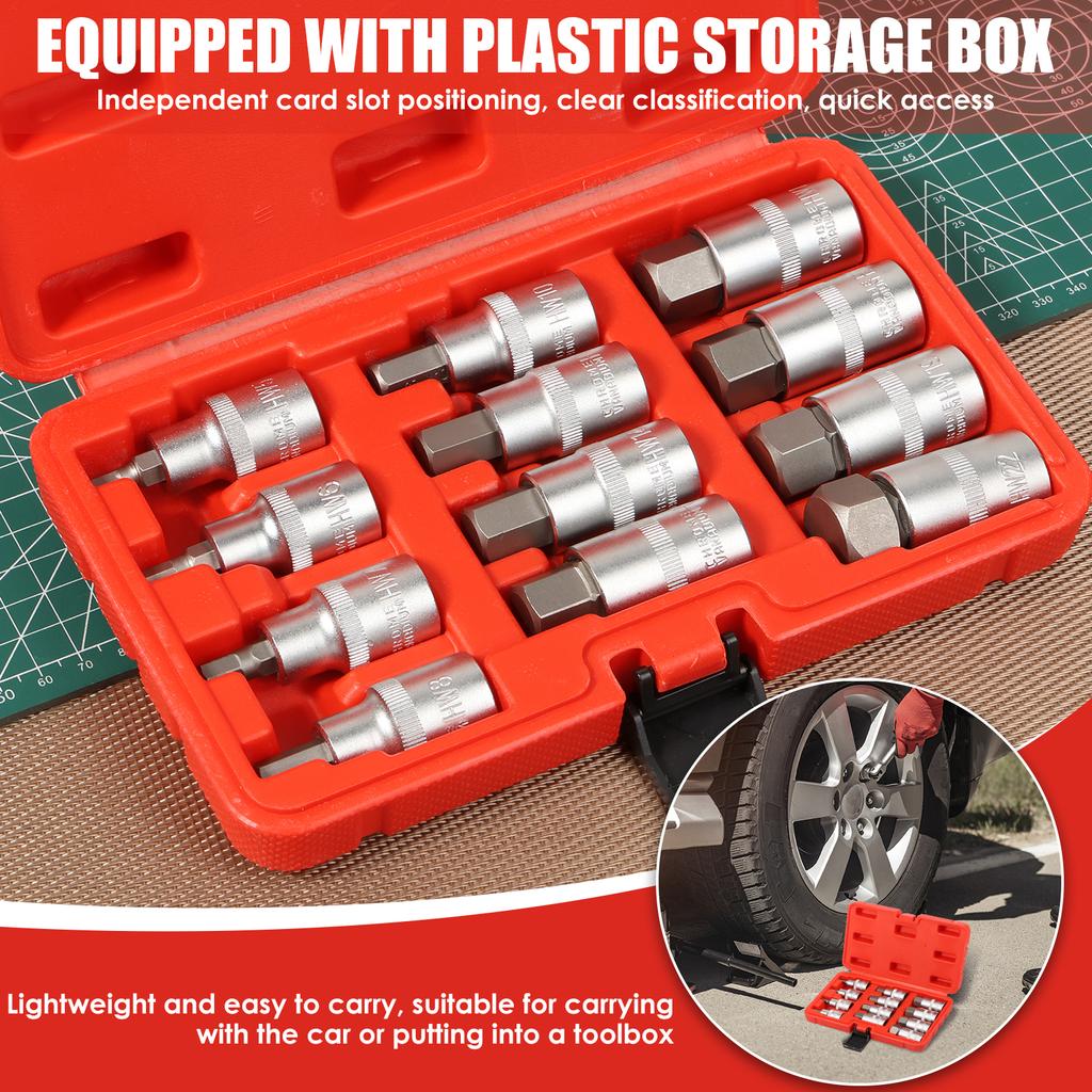 12Pcs Steel 1/2 Inch Drive Hex Bit Socket Set Portable Allen Socket Hexagon Bit 5mm To 22mm for Ratchet Torque Wrench Power Tool