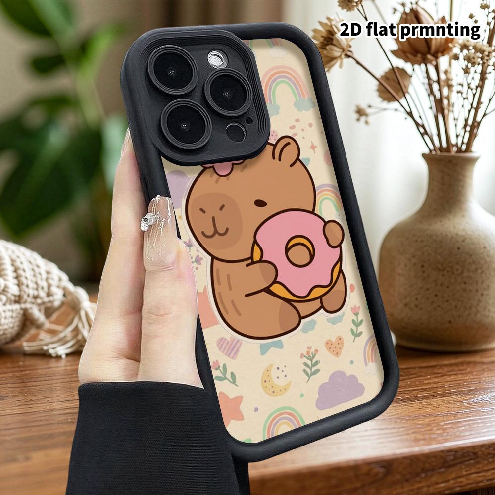 Phone Case: 2D Flat Design Suitable for iPhone 18, 17, 16, 15, 14, 13 Pro Stepped Protective Case, Hugging a Sweet Donut Capybara, Christmas and Hallo