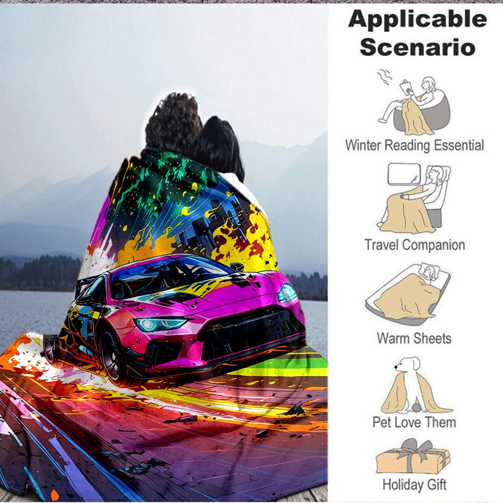 1PC Racing Car, Urban Art Blanket Soft Warm All Season Throw for Sofa, Bed, Car, Office Vibrant Colorful Design, Durable & Cozy Gift