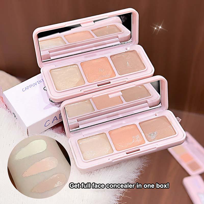 Cappuvini 3-Color Correcting Concealer Strip Palette Eye Brightening Concealer Contour Cream Full Coverage Oil-Control Makeup