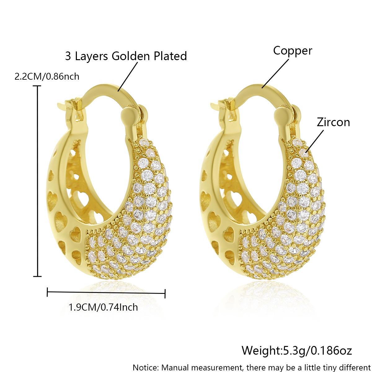 

Love-shaped Hollow Heart-shaped Stud Earrings with Micro-set Zirconia Stones, A Unique Piece of Ear Jewelry. real gold plated