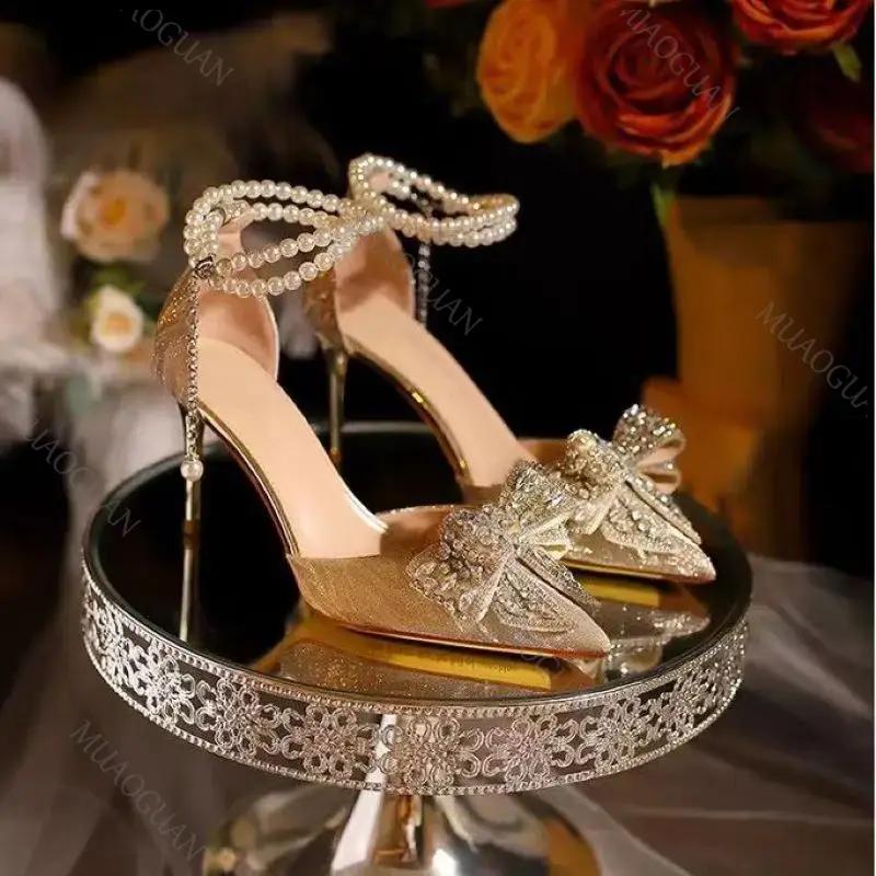 Spring Summer Fashion Pointed Toe Sandals Women's Rhinestone Pearl Butterfly Gold Silver High Heels Party Wedding Heeled Shoes