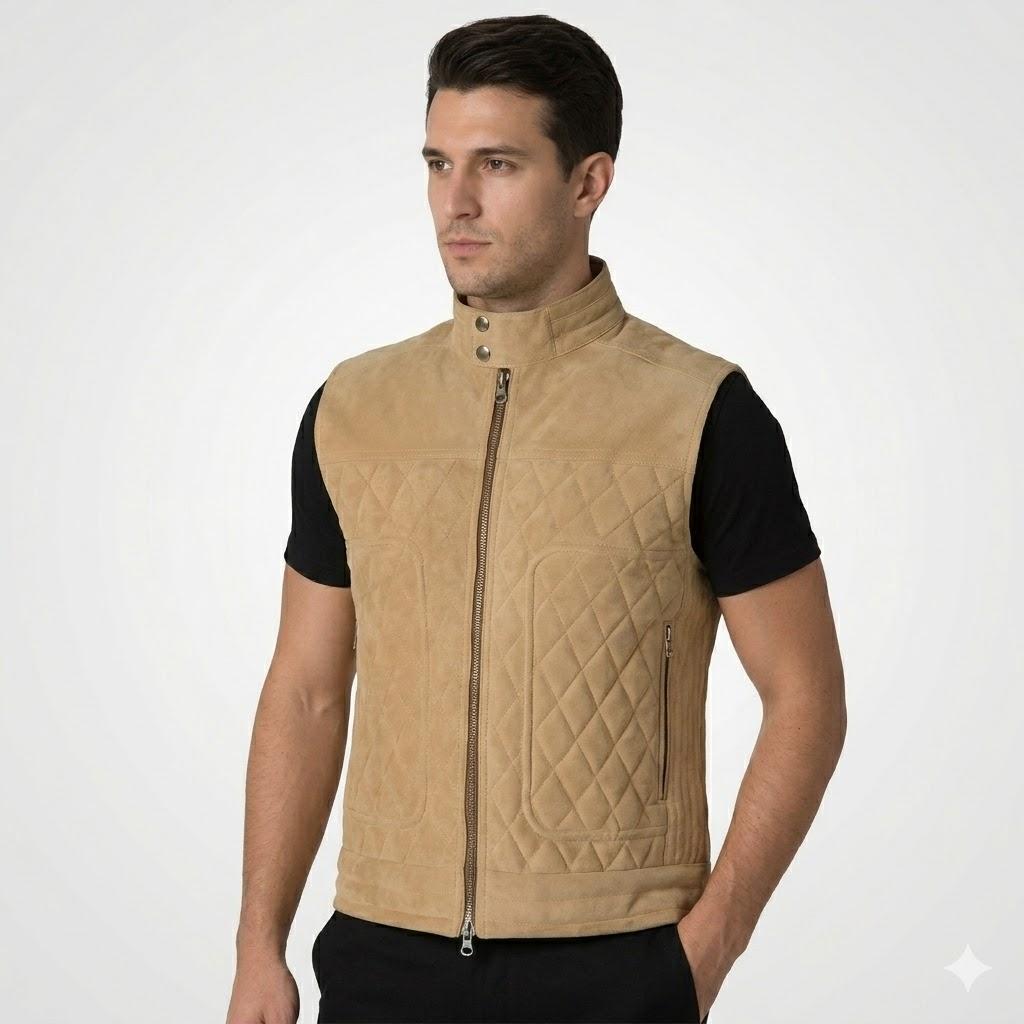 Stylish Real Lambskin Leather Suede Men’s Beige Handmade Vest Coat Casual Fit
