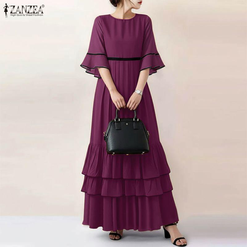 ZANZEA Women Casual Round Neck Short Sleeve Summer Ruffles Long Dress
