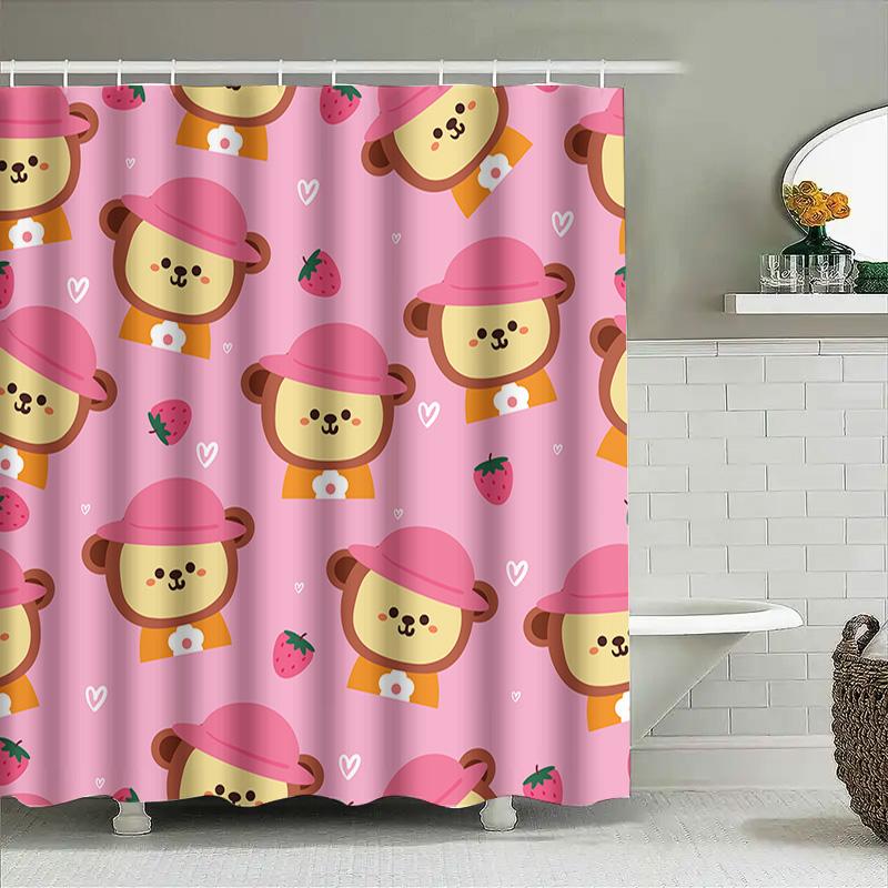 Bear Pattern Shower Curtain Waterproof Decorative Bathroom Liner For Kids Bathrooms Pink Strawberry Design