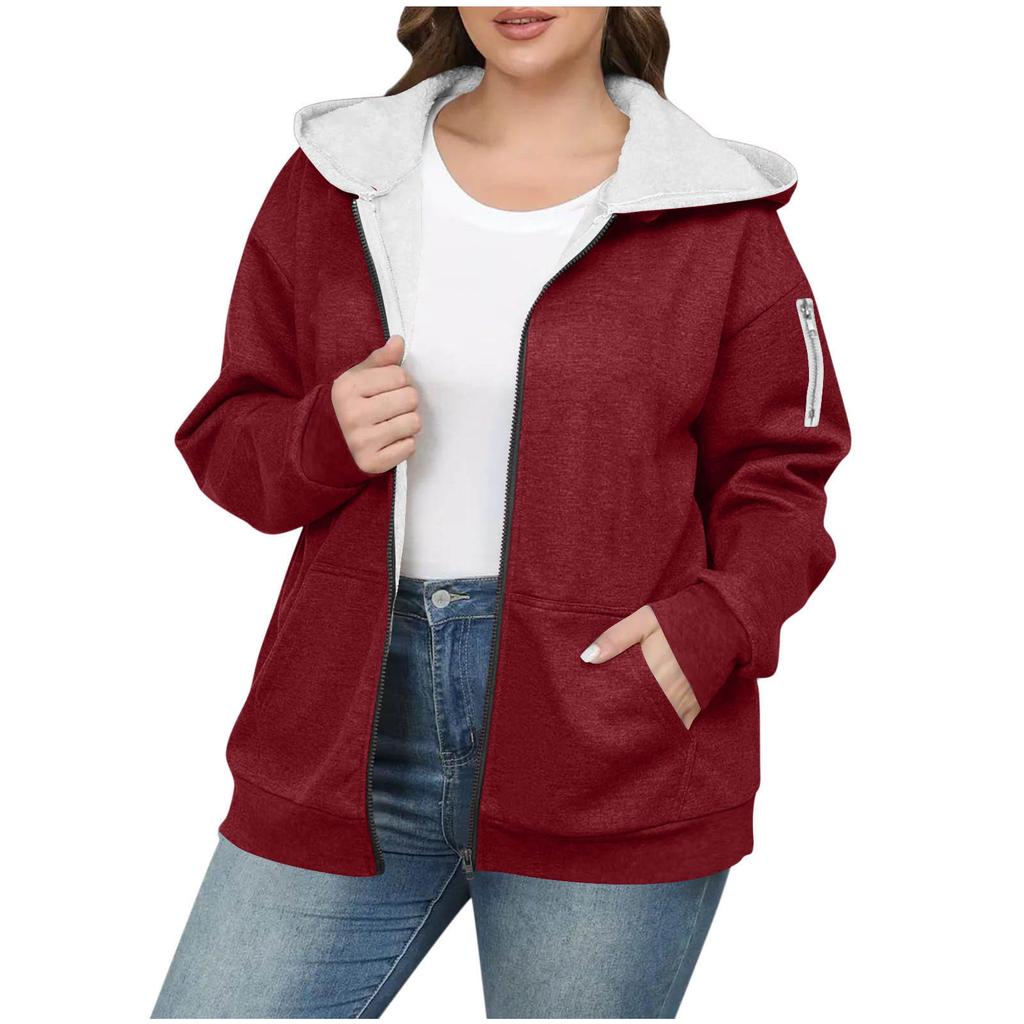 Women's Loose And Comfortable Zipper Hooded Solid Color Plus Size Jacket