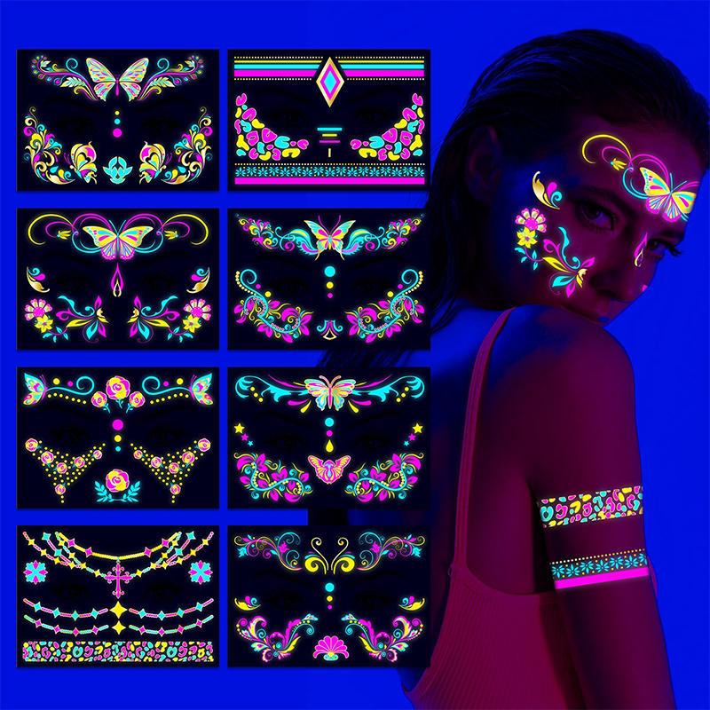 

Waterproof Temporary Tattoo Sticker Masquerade Neon Fluorescent Face Sticker Music Festival Glowing Fake Tattoo Makeup Glitter