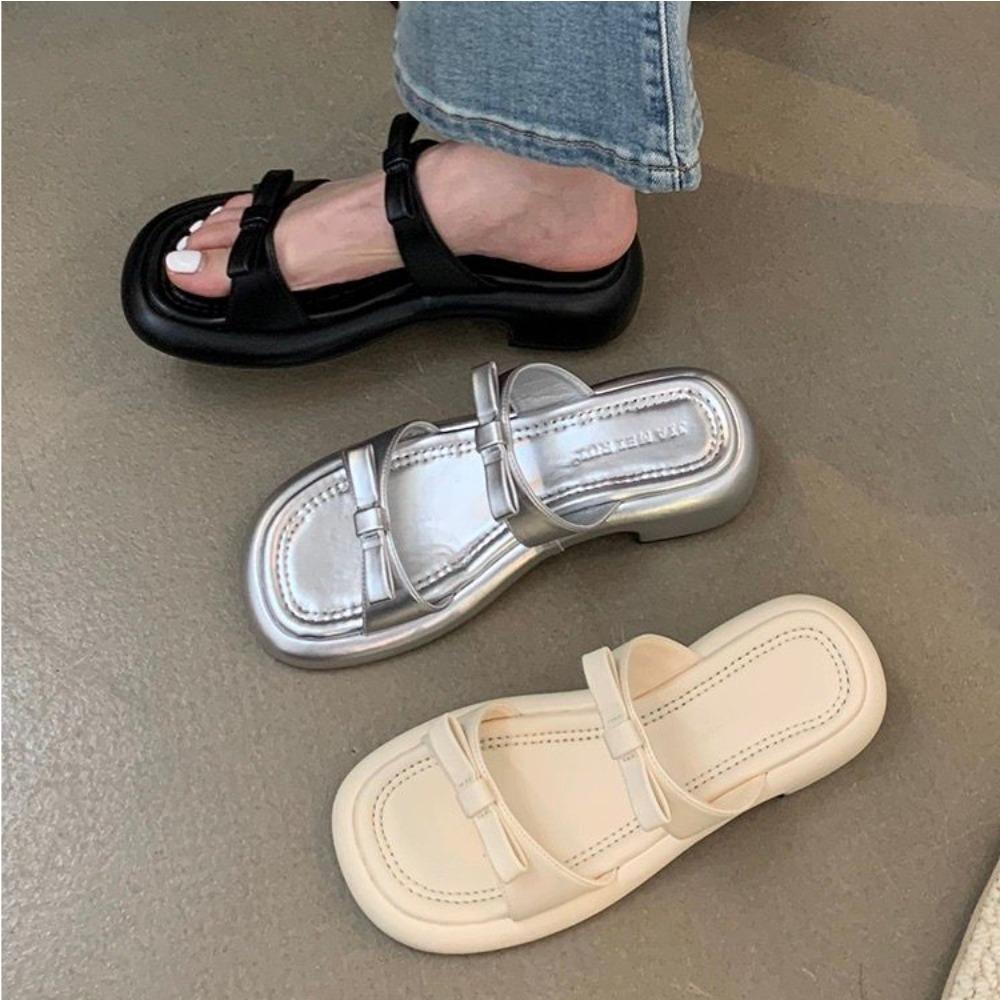 New Summer Women's Slippers 2025 Stylish Peep-toe Low Heel Silver Women's Comfortable Beach Shoes Sapatilas