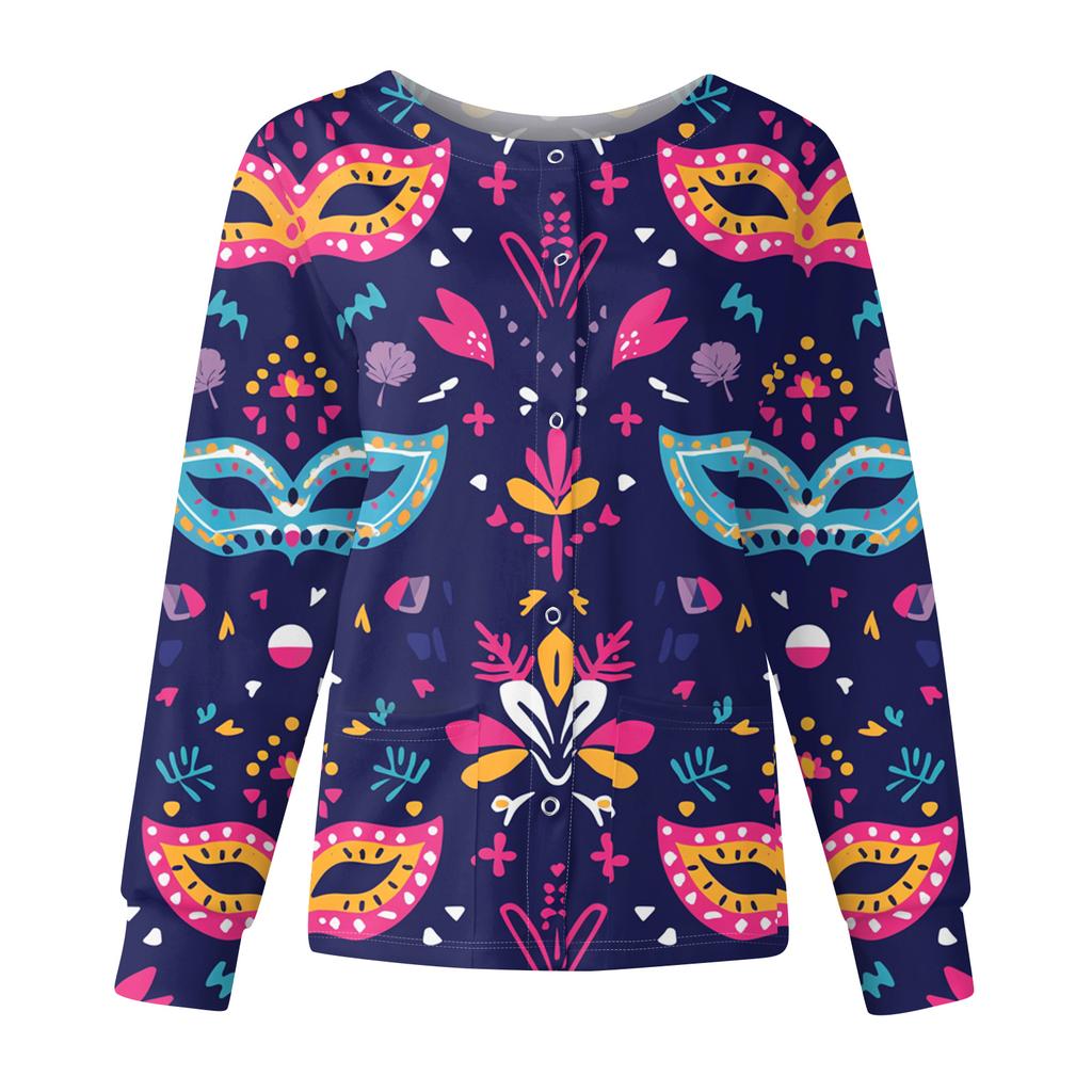 Women's Casual Fashion Long Sleeve Standing Collar Single Breasted Carnival Print Workwear Jacket Tops