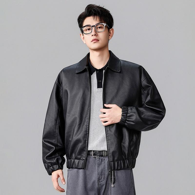 New PU leather jacket for men, American vintage workwear style, tough relaxed style, old money street style, minimalist