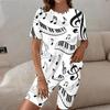 Women Plus Size Round Neck Short Sleeve Music Note Printed Two Piece Shorts Set