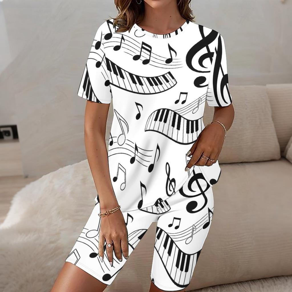 Women Plus Size Round Neck Short Sleeve Music Note Printed Two Piece Shorts Set