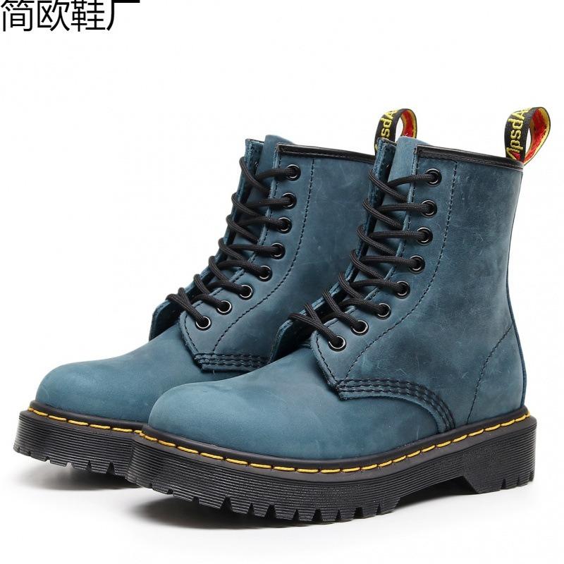Martin boots high-top tooling boots women's head layer Crazy Horse blue short boots men's and women's leather boots round head