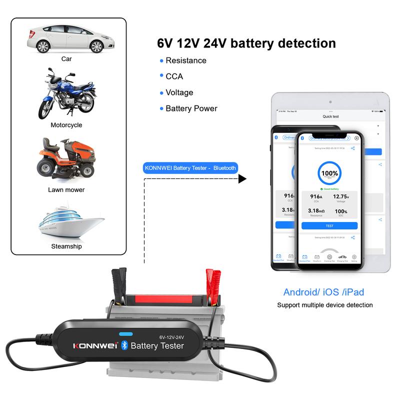 KONNWEI BK200 6V 12V 24V Bluetooth 5.0 Car Motorcycle Truck Battery Tester Battery Analyzer 2000 CCA Charging Cranking Test Tool