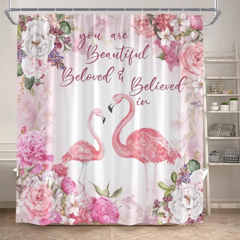 Tropical Jungle Flamingo Shower Curtains Animals Lake Lotus Flowers Palm Tree Plant Forest Scenery Fabric Bathroom Curtain Decor