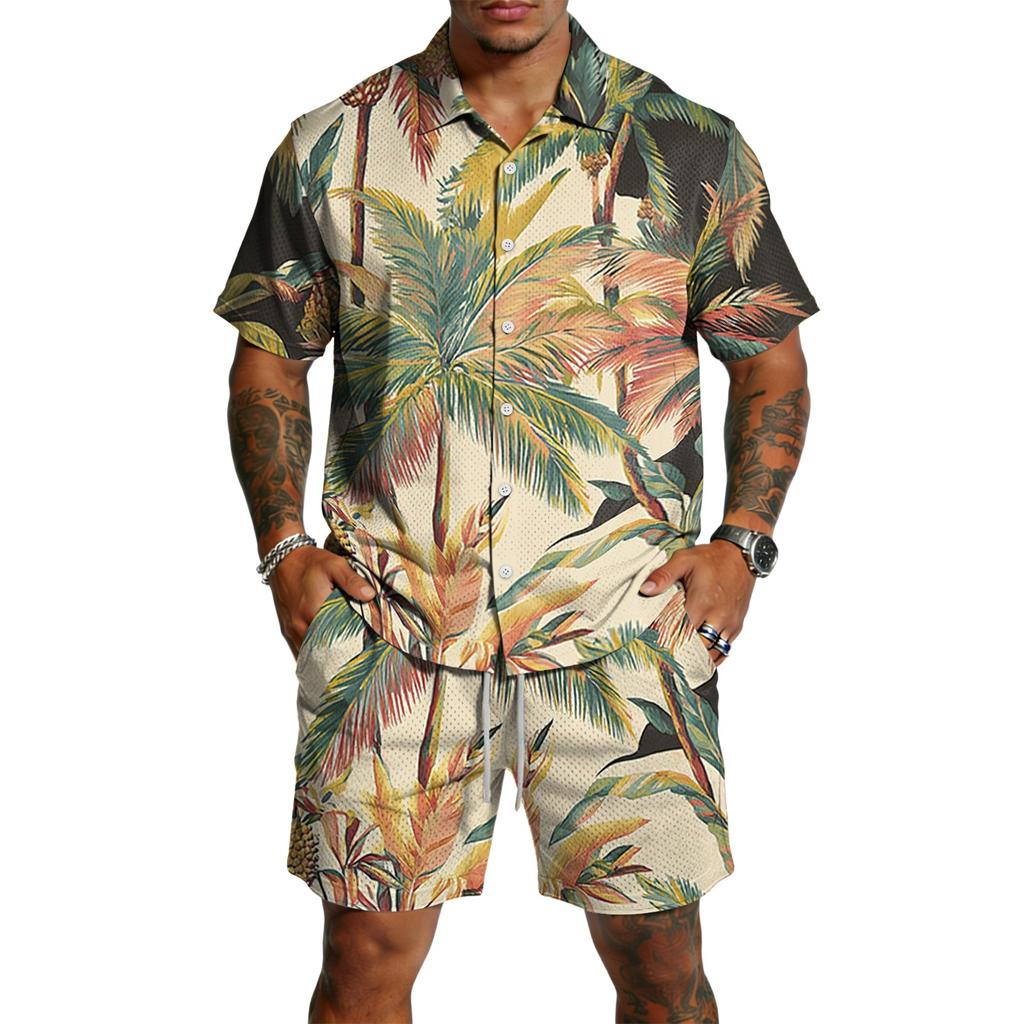 Men's Casual Printed Top and Drawstring Shorts Set Lightweight Breathable Set for Summer