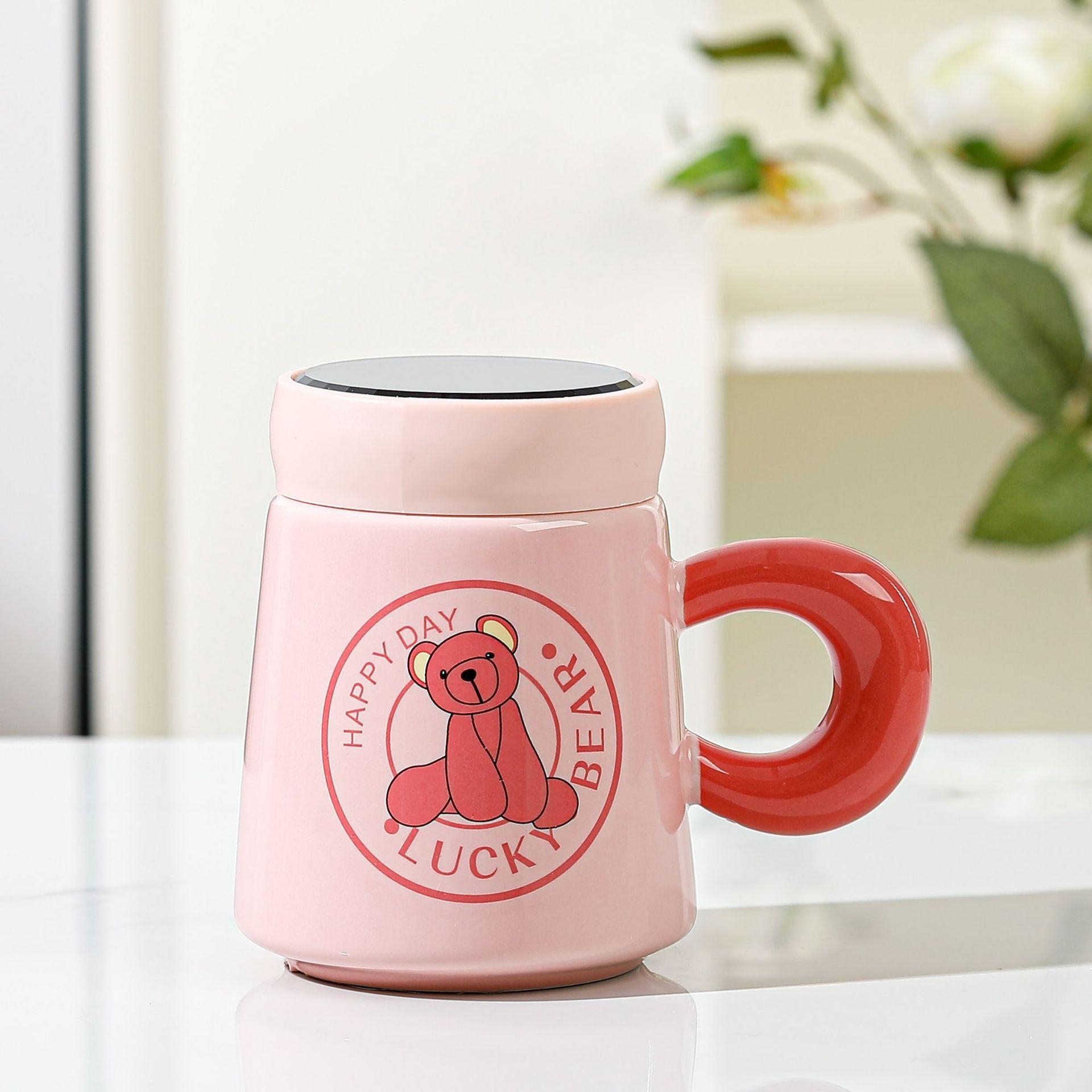 Милая мультяшная керамическая кружка, розовая кружка-зеркало с медведем, парная кружка, бытовая кружка для воды с крышкой 440ml