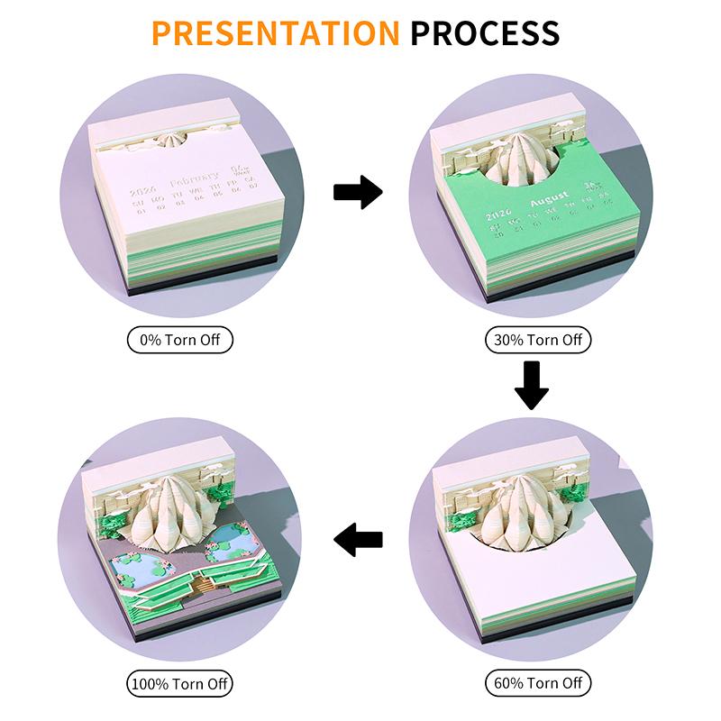 Time Piece Calendar 2026 Desk Calendar With Led Light 3D Tear-Away Calendar Paper Carving Art Memo Pad Notepad Gift Christmas