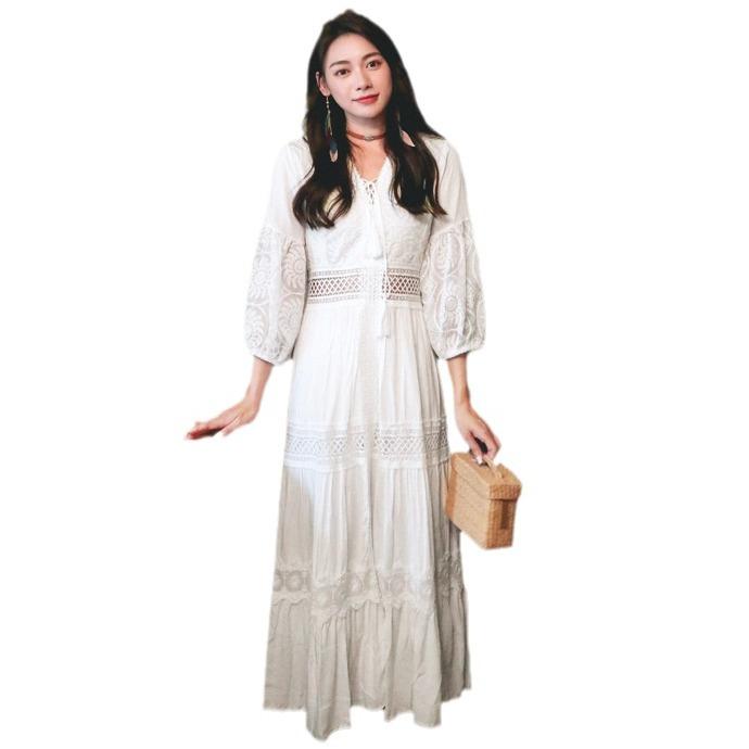 Spring-autumn Versatile Ethnic Style New White Lace Vacation Beach Dress, V-neck Elegant Long Dress, Ultra-fairy Dress for Women