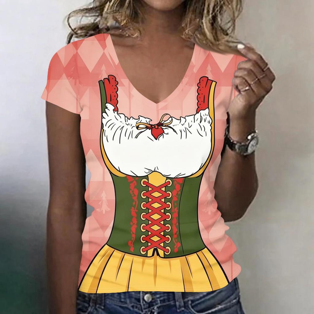 Women's Casual V Neck Short Sleeve T Shirt Oktoberfest Print Top Lightweight Soft Fabric Relaxed Fit Tee for Everyday Wear